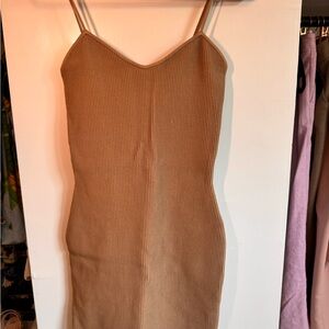 Babaton Tan Ribbed Midi Dress
